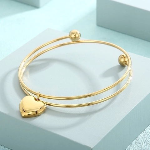 Minimalist Stainless Steel Double Layer Open Bangle With Heart Charm Gold Silver Polished Heart Bangle For Women Jewelry Gift