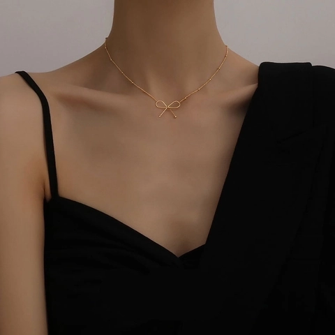 Minimalist Bow Pendant Necklace Gold Plated Stainless Steel Dainty Bead Chain Jewelry For Women Elegant Gift
