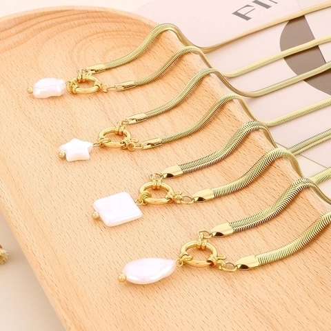 French Vintage Stainless Steel Snake Bone Chain Necklace For Women Elegant Artificial Pearl Star Square Pendant Choker Jewelry