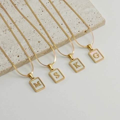 Stainless Steel Necklace 18K Gold Plated Rectangular Mother Of Artificial Pearl Initial Letter Pendant Elegant Jewelry For Women