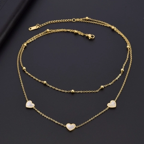 Collar Con Colgante De Corazón De Acero De Titanio Con Incrustaciones De Nácar Doble Capa Joyería De Moda Para Mujer