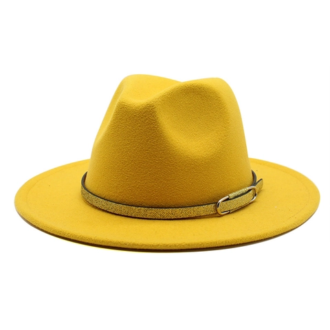 Cappello Fedora A Tesa Larga In Feltro Di Lana Con Fascia Decorativa Luccicante E Fibbia In Metallo Stile Jazz