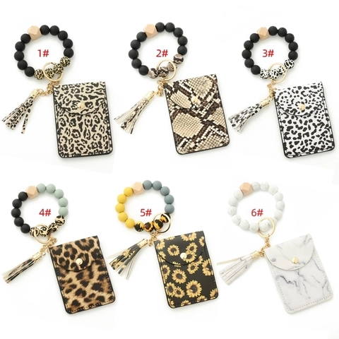 Mode Silikon Perlen Armband Schlüsselanhänger Für Damen PU Leder Kartenhalter Brieftasche Quaste Sonnenblume Leopard Marmor Muster