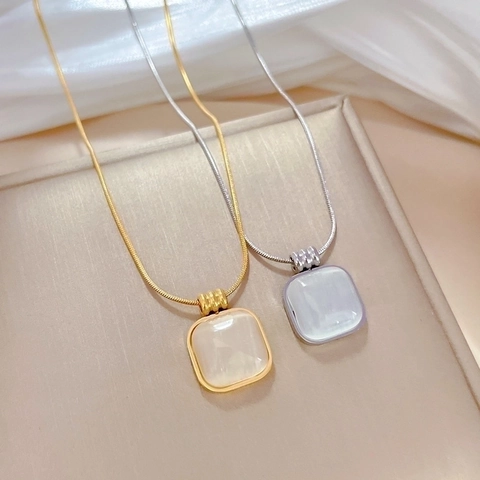 Square Cat Eye Stone Pendant Necklace Titanium Steel Gold Plated Minimalist Snake Chain Jewelry For Women