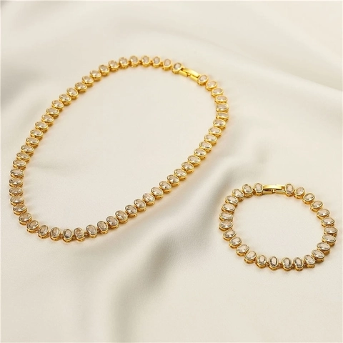 Luxury Copper Oval Cut Rhinestone Tennis Jewelry For Women Gold White Gold Plated Necklace Bracelet Fashion Collection