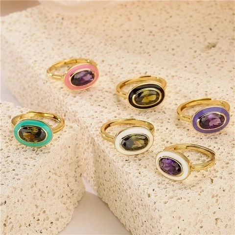Anillo De Cobre Con Piedra Ovalada Esmalte Colorido Banda Abierta Ajustable Joyería De Moda Retro Para Mujer