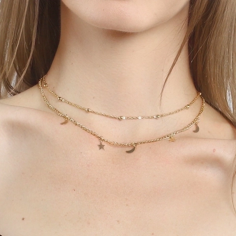 Doppellagige Stern Mond Anhänger Halskette Titanstahl Minimalistische Mode Schlüsselbein Kette Schmuck
