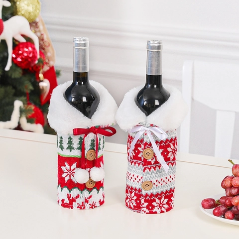 Funda Para Botella De Vino De Navidad Suéter De Punto Cuello De Piel Sintética Reno Copo De Nieve Decoración De Mesa