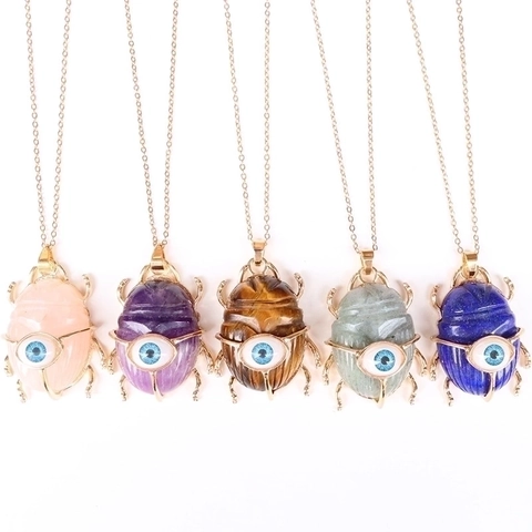 Scarab Beetle Pendant Natural Stone Crystal Evil Eye Protection Jewelry Personality Alloy Gift For Women