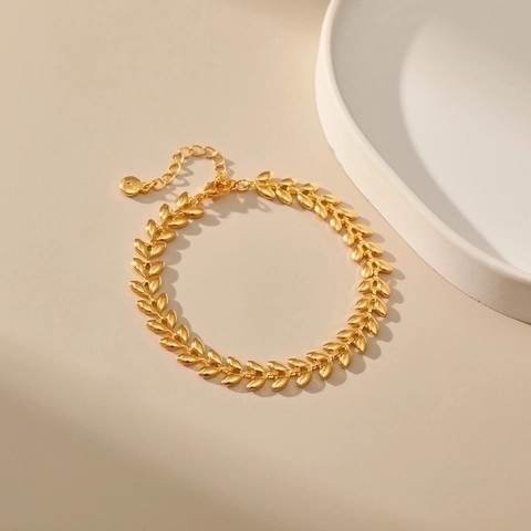 Elegante Pulsera De Cadena De Hoja De Trigo Bañada En Oro Metal Pulido Joyería Botánica Accesorio Para Mujer