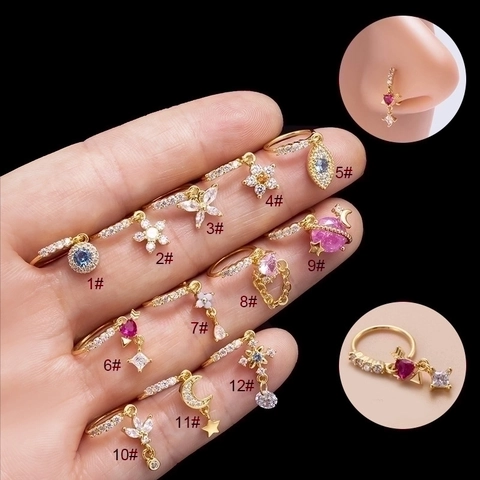 Anelli Per Il Naso Di Moda Rame Pendenti In Zirconia Colorata Cuore Farfalla Stella Gioielli Piercing Da Donna