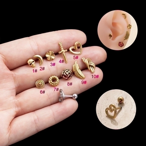 Stainless Steel Screw Ball Stud Earrings Vintage Punk Heart Skull Flower Shape Cartilage Piercing Jewelry For Women