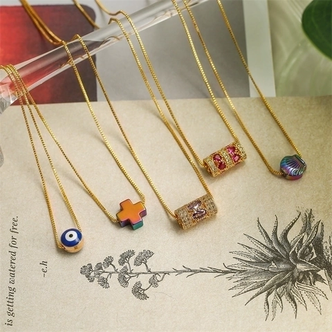 Collana Pendente Moda Rame Placcato Oro Catena Scatola Croce Conchiglia Malocchio Cuore Gioielli Geometrici Donne