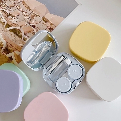 Contact Lens Care Kit Portable Square Plastic Organizer With Mirror Tweezers Applicator Solution Holder Macaron Color
