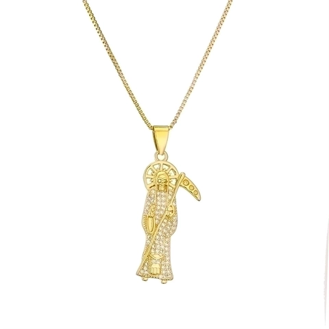 Collana Pendente Santa Muerte Croce Mietitore Placcato Oro Rame Zirconia Multicolore Hip Hop Gioielli Per Uomini Donne