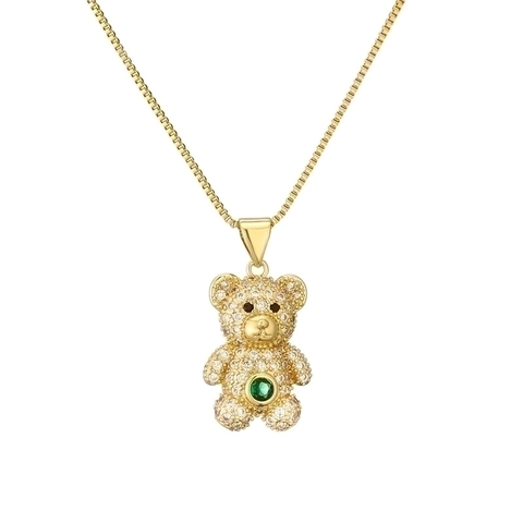 Collier Pendentif Ours En Peluche Cuivre Plaqué Or Zircone Cubique Colorée Micro-Incrustée Forme D'animal Bijoux Pour Femmes