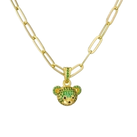 Teddy Bear Head Pendant Necklace Copper Zircon Micro Pave Paperclip Chain INS Style Cute Animal Jewelry For Women