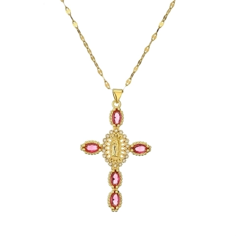 Collana Con Pendente A Croce Religiosa Rame Vergine Maria Marquise Zircone Colorato Gioielli Di Moda Per Donne