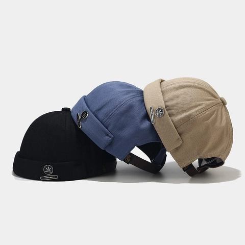 Brimless Docker Hat Retro Twill Cotton Miki Cap With Adjustable Leather Strap Metal Maple Leaf Badge Streetwear For Men