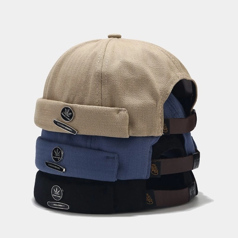Brimless Docker Hat Retro Twill Cotton Miki Cap With Adjustable Leather Strap Metal Maple Leaf Badge Streetwear For Men