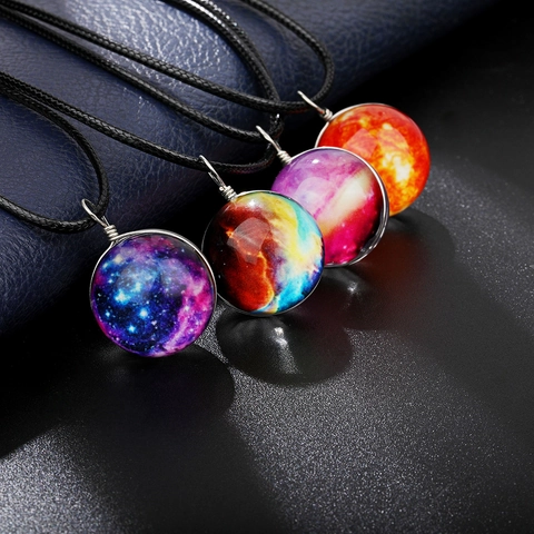Luminous Galaxy Pendant Necklace Trendy Leather Cord Organic Glass Ball Starry Sky Glow Necklaces For Women Men Jewelry