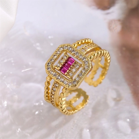 Anello In Rame Geometrico Vintage Placcato Oro Zircone Micro Pavé Gioielli Per Dita Aperti Regolabili Per Donne