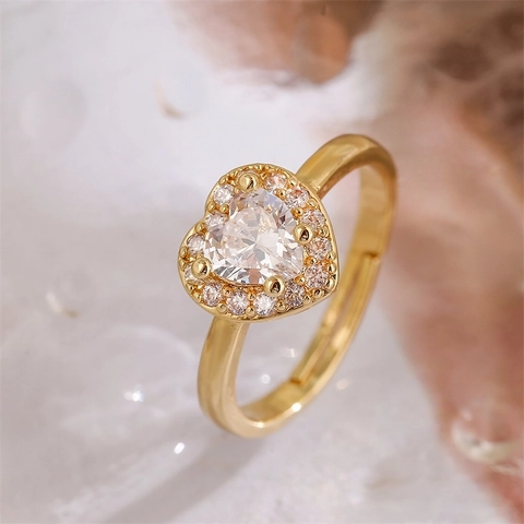 Hartvormige Micro Pave Zirkonia Ring Koper Verguld Open Verstelbare Ring Elegante Mode Sieraden Voor Dames