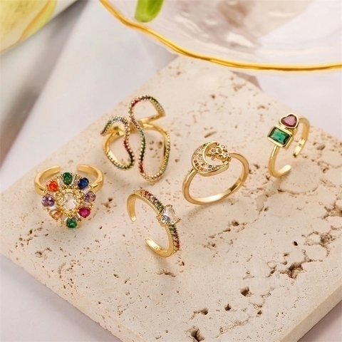 Herz Mond Stern Schlange Offener Verstellbarer Kupferring Mit Buntem Zirkon Mikro Pave Mode Schmuck Für Damen