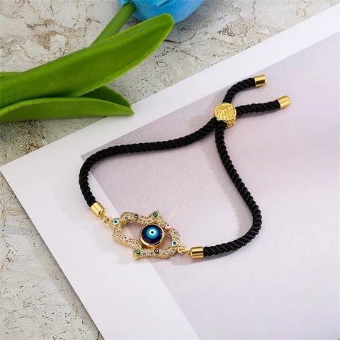 Hamsa Hand Böser Blick Geflochtenes Seil Armband Kupfer Zirkonia Verstellbar Ethnisch Schutz Amulett Schmuck Damen Herren