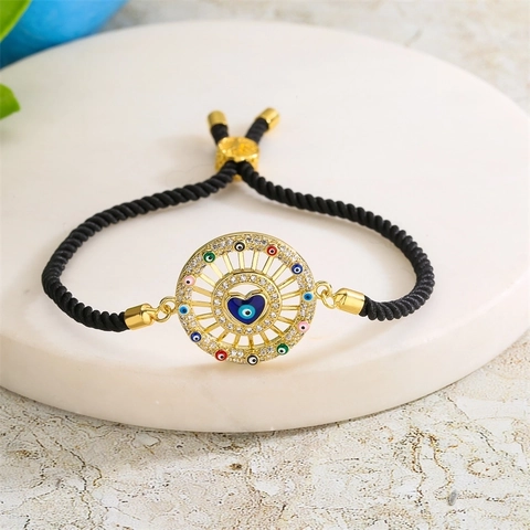 Evil Eye Herz Geflochtenes Armband Kupfer Zirkon Verstellbar Handgefertigt Ethnischer Schmuck Für Frauen
