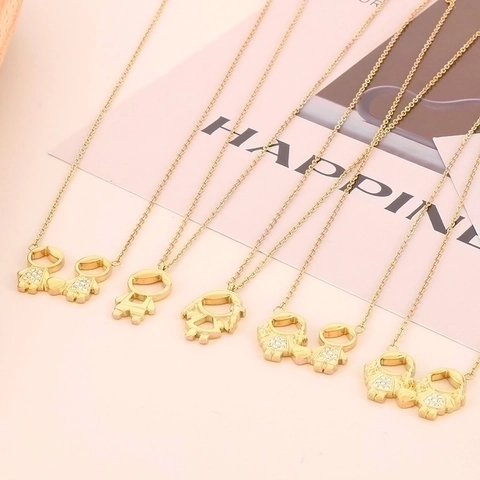 Cartoon Boy Girl Pendant Necklace Stainless Steel Rhinestone Heart Charms Jewelry For Women Sweet Clavicle Chain