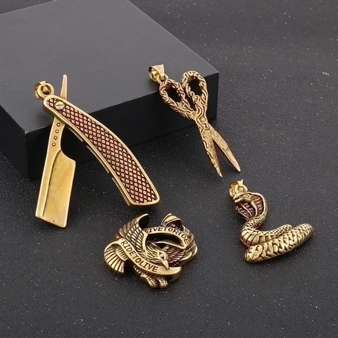 Vintage Hip Hop Titanium Steel Necklace For Men Eagle Cobra Scissors Razor Pendant Punk Jewelry Engraved Slogan Gold Color