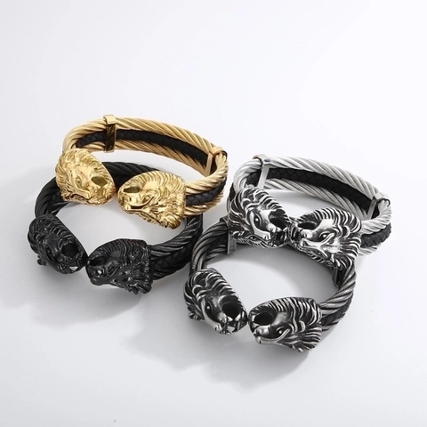 Brazalete Abierto De Doble Cabeza De León Pulsera De Acero Inoxidable Cable De Alambre Para Hombres Joyería Punk Rock