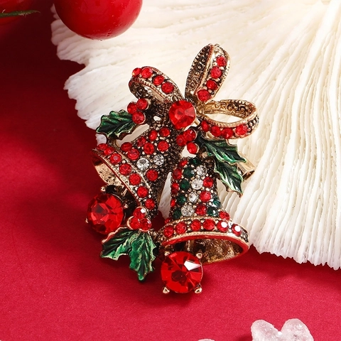 Weihnachten Doppelglocken Brosche Anstecknadel Legierung Bunte Strass Schleife Stechpalmenblatt Retro Festlicher Schmuck