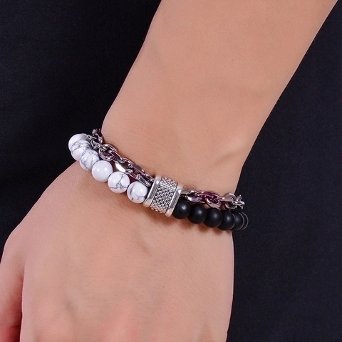 Double Strand Men Bracelet Natural Stone Beads Stainless Steel Chain T-Bar Toggle Clasp Jewelry