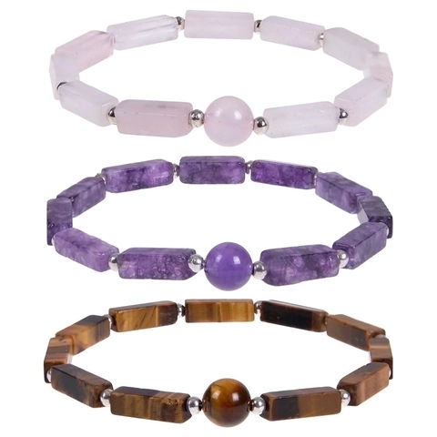 Natur Amethyst Rosenquarz Tigerauge Stein Armband Rechteck Bar Rund Perlen Elastisch Heilung Schmuck Für Damen Herren