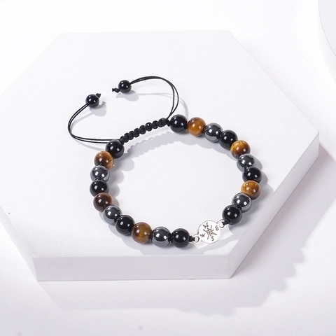 Graduation Gift Compass Pendant Beaded Bracelet Natural Tiger Eye Hematite Stone Adjustable Woven Rope Inspirational Card
