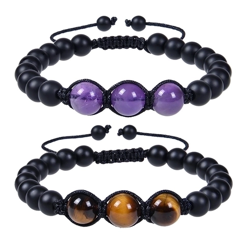 Natural Stone Beaded Bracelet Amethyst Tiger Eye Matte Agate Handmade Woven Adjustable Rope Fashion Jewelry For Men Women