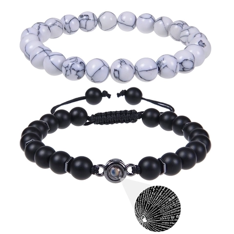 Set Di Bracciali Di Perline Pietra Naturale Proiezione Ti Amo 100 Lingue Regolabile Regalo Per Coppie