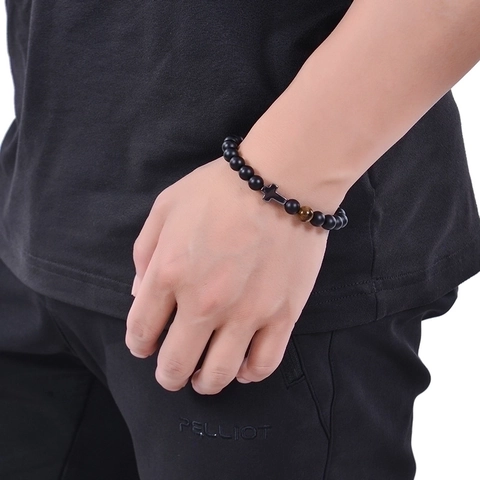 Natural Stone Beaded Bracelet With Tiger Eye Matte Agate And Alloy Cross Charm Religious Greeting Card Gift For Men Women