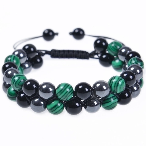 Triple Protection Armband Malachiet Obsidiaan Hematiet Dubbele Laag Gevlochten Verstelbaar Kralen Sieraden