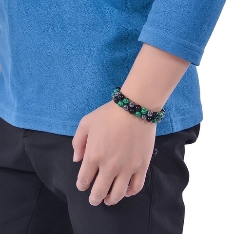 Triple Protection Armband Malachiet Obsidiaan Hematiet Dubbele Laag Gevlochten Verstelbaar Kralen Sieraden