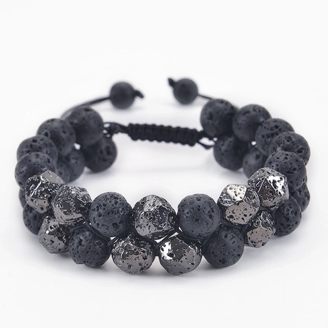 Layered Natural Stone Beaded Bracelet Lava Rock Tiger Eye Map Stone Stainless Steel Handmade Braided Adjustable Unisex