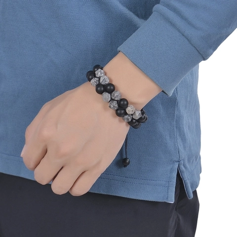 Layered Natural Stone Beaded Bracelet Lava Rock Tiger Eye Map Stone Stainless Steel Handmade Braided Adjustable Unisex