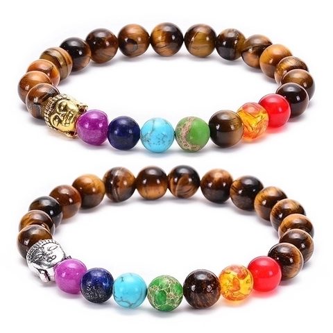 Tiger Eye Beaded Bracelet With Seven Chakra Natural Stones And Alloy Buddha Head Healing Energy Meditation Elastic For Men Women