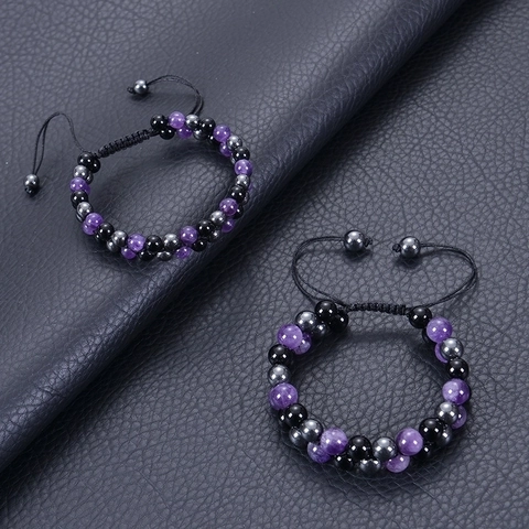 Triple Protection Double Layer Bracelet Amethyst Obsidian Magnetic Hematite Adjustable Braided Yoga For Women Men