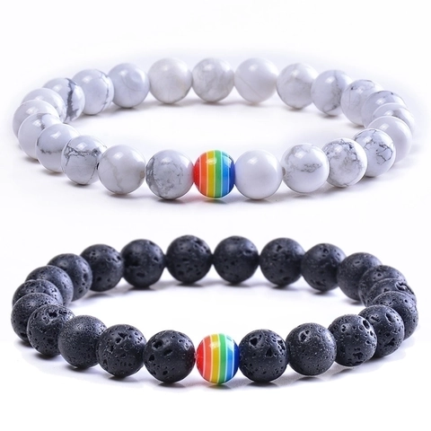 Bracelet En Perles De Pierre Naturelle Accent Rayé Arc-En-Ciel Cordon Tressé Ajustable Ou Élastique Bijou Unisexe