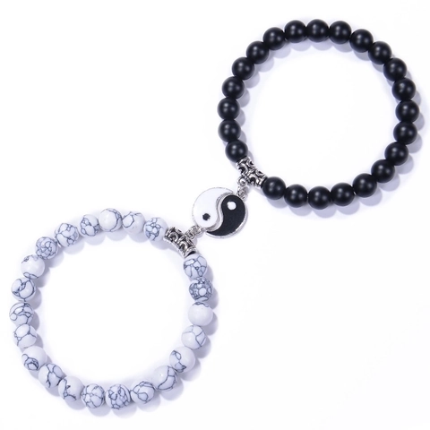 Yin Yang Taiji Couple Beaded Bracelets Natural Stone Matte Black And White Howlite Alloy Charm Elastic Cord Jewelry