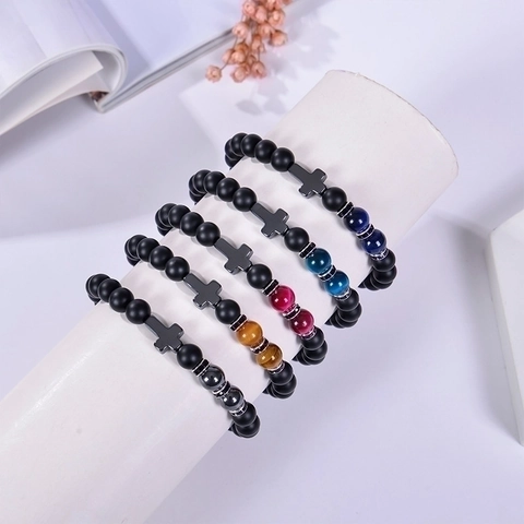 Bracciale Di Perle In Pietra Naturale Con Pendente A Croce Onice Opaca Occhio Di Tigre Elastico Regalo Religioso Unisex