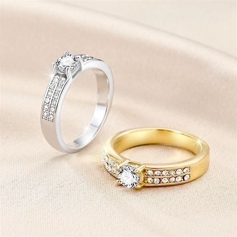 Round Zircon Stainless Steel Ring For Women Double Row Pave Wedding Engagement Jewelry Fashion Geometric Gold Silver Tone